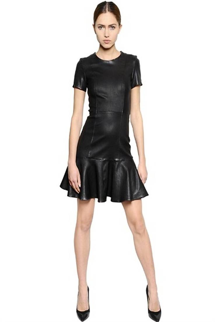 women’s genuine lambskin leather dress short sleeve casual midi dress