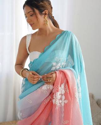 Sky Blue Color embroidery sequence work chiffon Saree 2