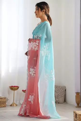 Sky Blue Color embroidery sequence work chiffon Saree
