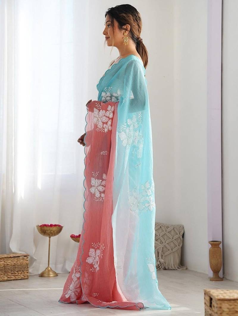 Sky Blue Color embroidery sequence work chiffon Saree