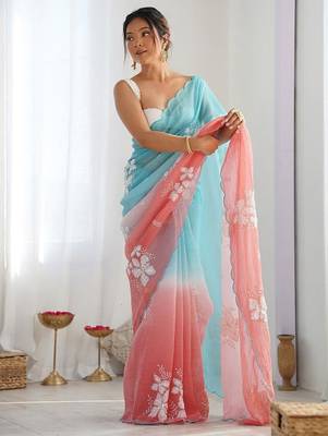Sky Blue Color embroidery sequence work chiffon Saree 1