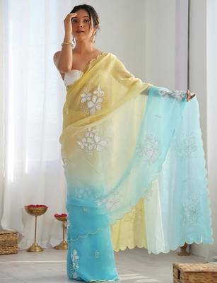 Yellow Color embroidery sequence work chiffon Saree 1
