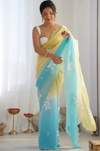 Yellow Color embroidery sequence work chiffon Saree