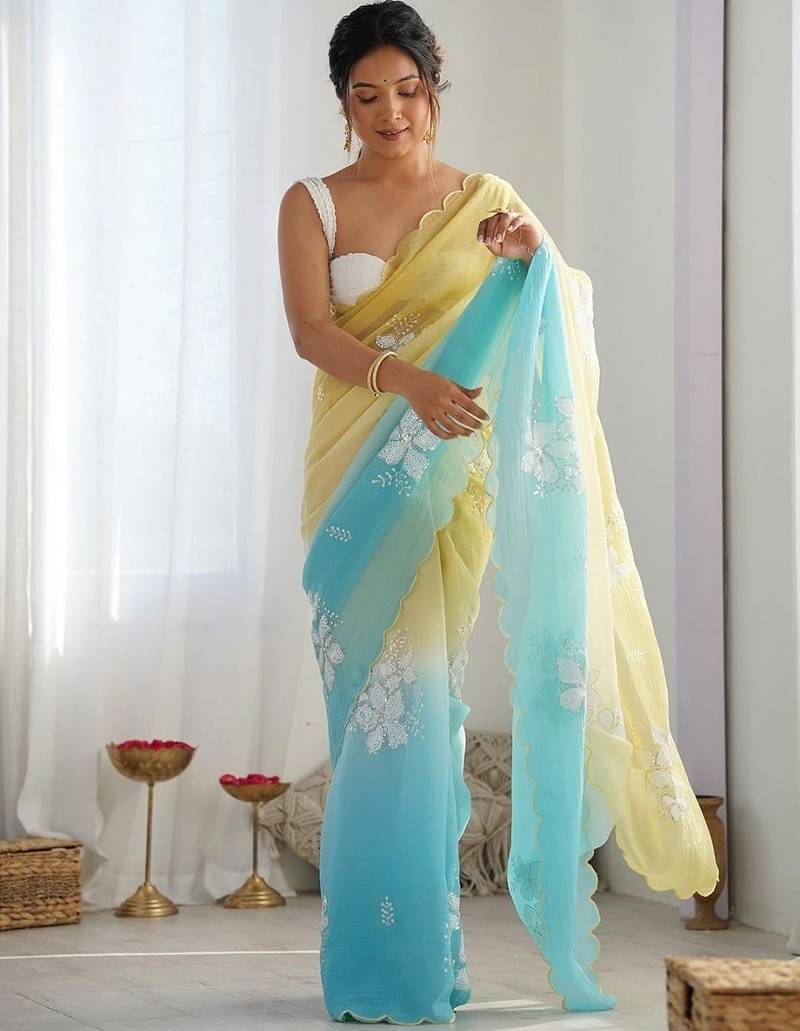 Yellow Color embroidery sequence work chiffon Saree