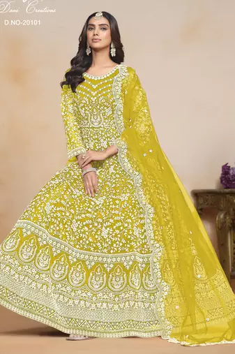 YELLOW COLOR CORDING WORK HEAVY NET SEMI STICHED DESIGNER GOWN 