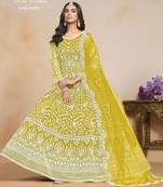 YELLOW COLOR CORDING WORK HEAVY NET SEMI STICHED DESIGNER GOWN 