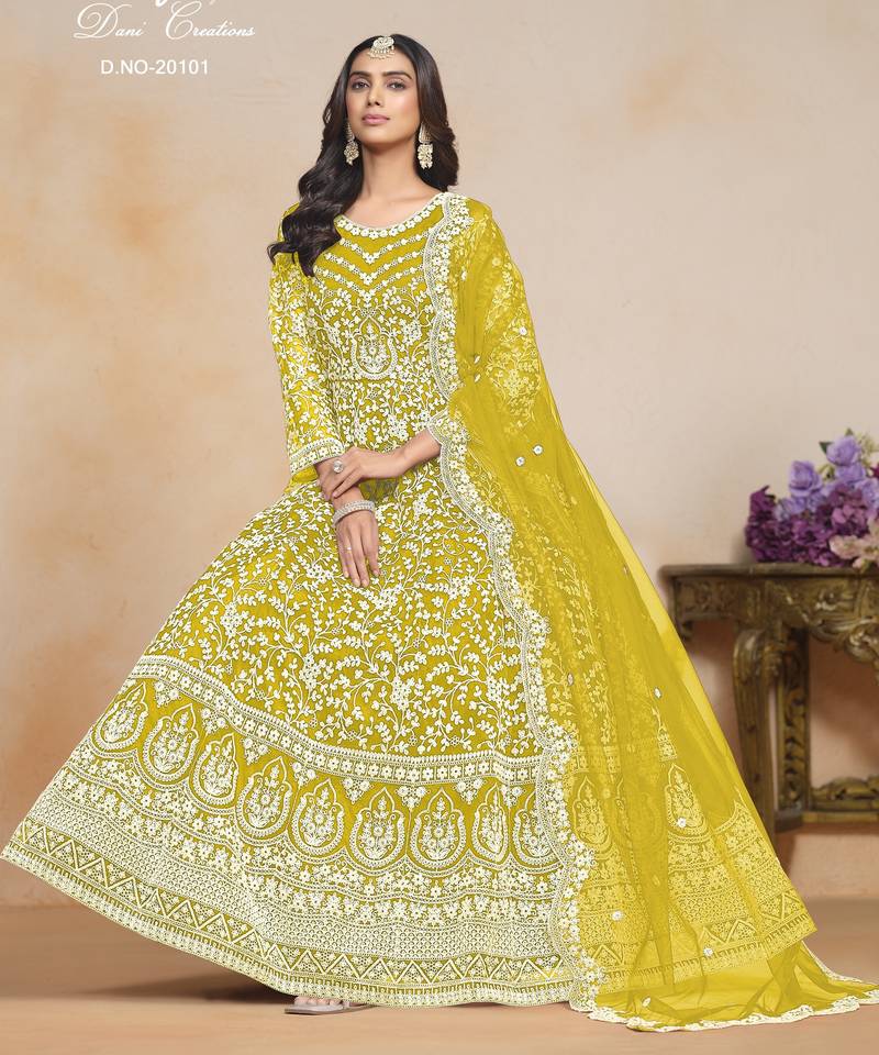 YELLOW COLOR CORDING WORK HEAVY NET SEMI STICHED DESIGNER GOWN 