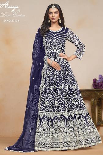 BLUE COLOR CORDING WORK HEAVY NET SEMI STICHED DESIGNER GOWN 