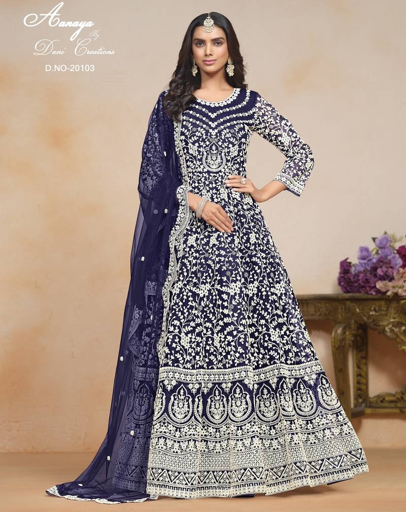 BLUE COLOR CORDING WORK HEAVY NET SEMI STICHED DESIGNER GOWN 
