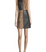 women’s lambskin genuine leather bodycon dress colour block  mini sleevless dress 