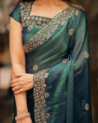 Teal Color beads work chiffon Saree 2
