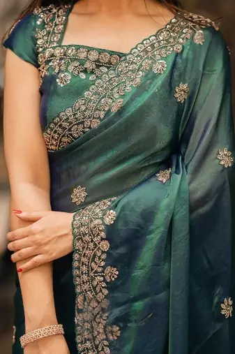 Teal Color beads work chiffon Saree