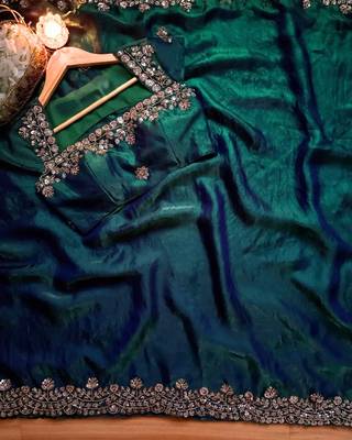 Teal Color beads work chiffon Saree 3