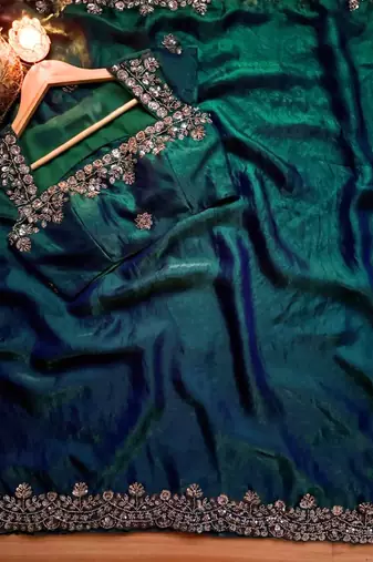 Teal Color beads work chiffon Saree