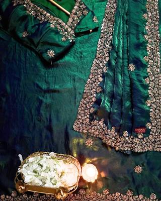 Teal Color beads work chiffon Saree 4