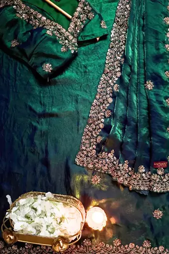 Teal Color beads work chiffon Saree