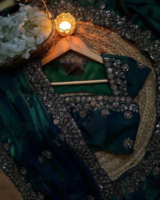 Teal Color beads work chiffon Saree 5