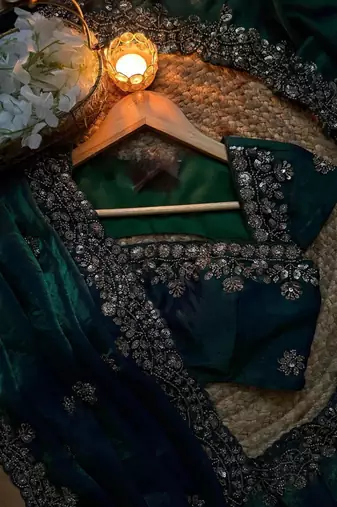 Teal Color beads work chiffon Saree