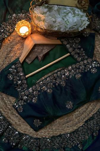 Teal Color beads work chiffon Saree