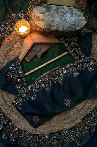 Teal Color beads work chiffon Saree