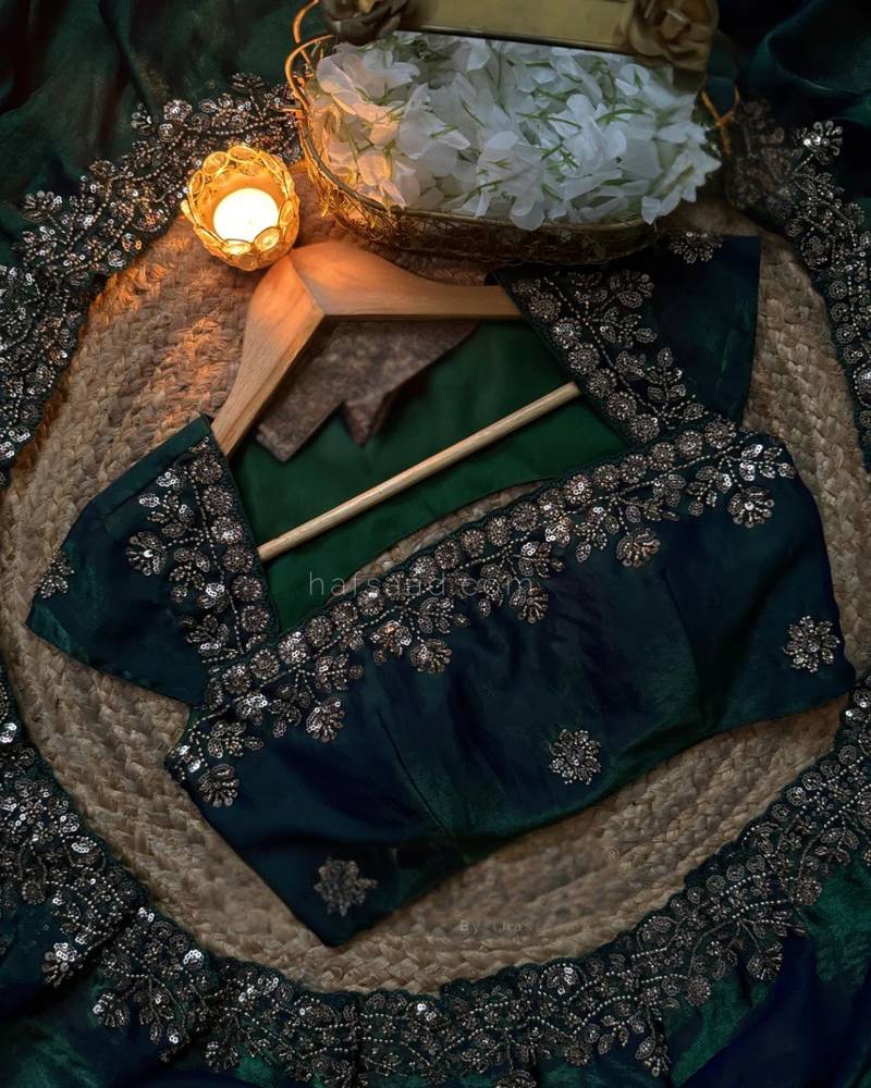 Teal Color beads work chiffon Saree