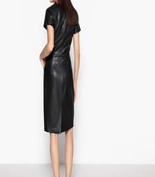 women’s lambskin genuine leather bodycon dress stylish mini short sleeve dress 