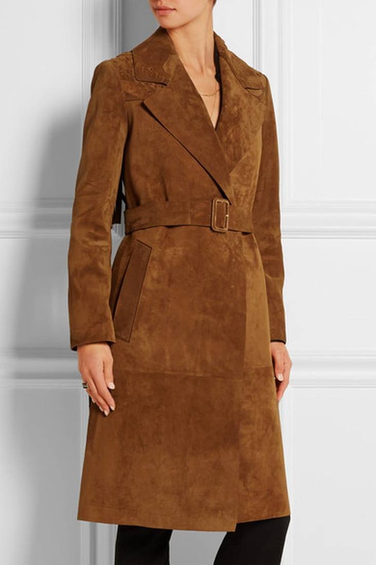 women's genuine suede leather trench coat classic zip up style
