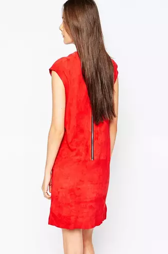women's red suede leather dress form fitting bodycon style