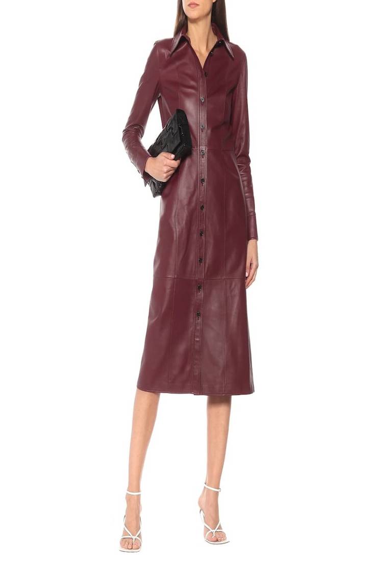 women’s lambskin genuine leather bodycon dress party wear long sleeve front button closure dress 