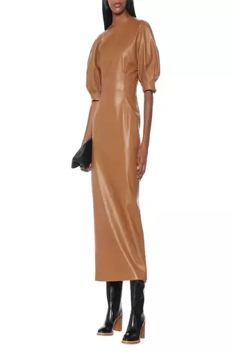 women's beige lambskin leather dress form fitting bodycon style