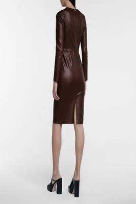 women's maroon lambskin midi leather dress long sleeve design premium 2