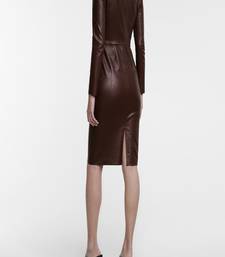women’s genuine lambskin leather dress maroon leather midi dress long sleeve dress