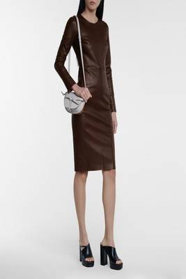 women's maroon lambskin midi leather dress long sleeve design premium 1