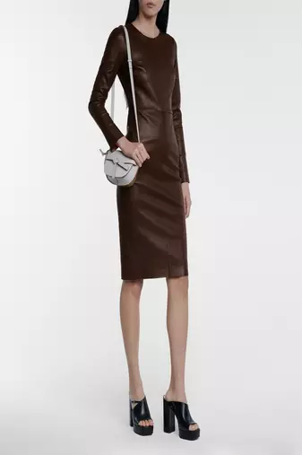 women's maroon lambskin midi leather dress long sleeve design premium