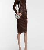 women's maroon lambskin midi leather dress long sleeve design premium