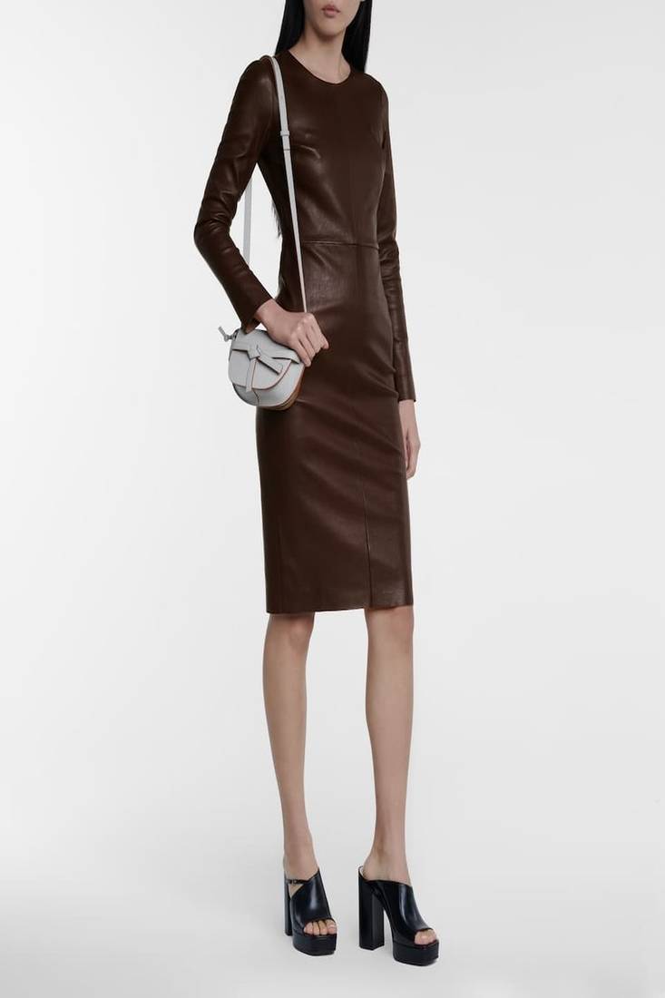 women’s genuine lambskin leather dress maroon leather midi dress long sleeve dress
