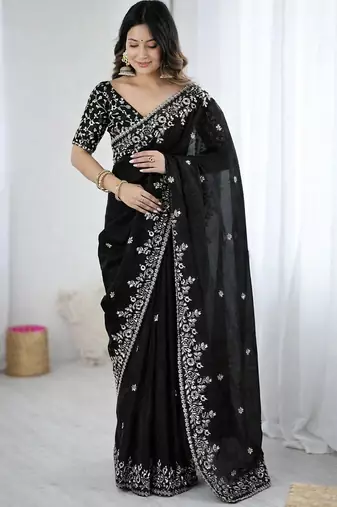 Black Color embroidery sequence work chiffon Saree