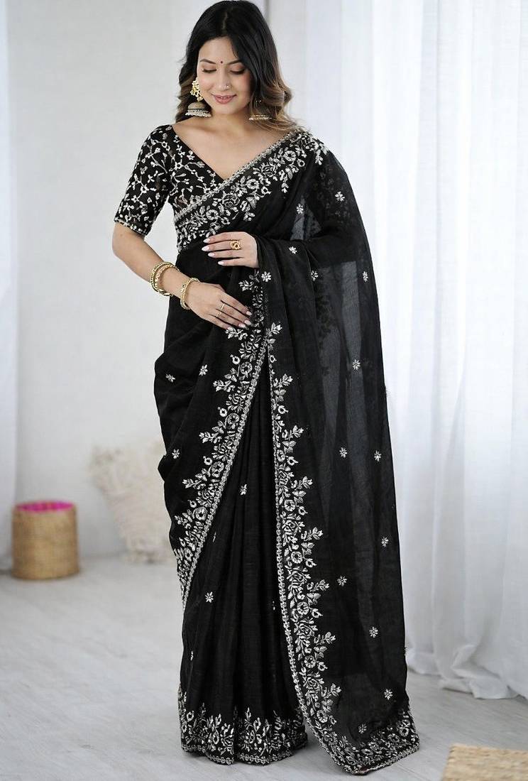 Black Color embroidery sequence work chiffon Saree