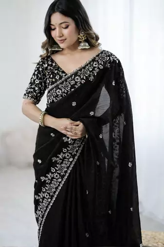 Black Color embroidery sequence work chiffon Saree