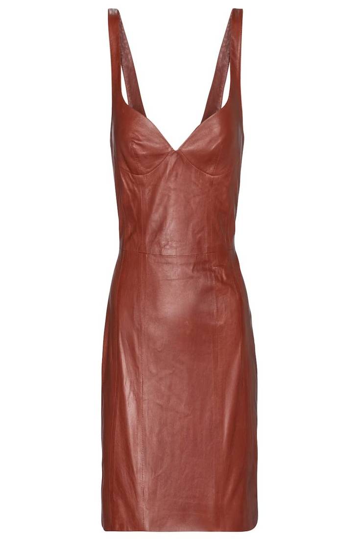 women’s genuine lambskin leather dress brown leather midi dress sleeve dress