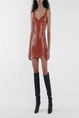 women's brown lambskin midi leather dress classic zip up style 2