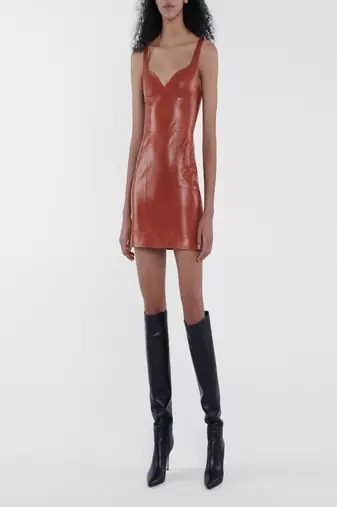 women's brown lambskin midi leather dress classic zip up style