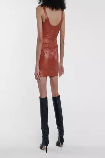 women's brown lambskin midi leather dress classic zip up style