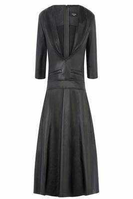women's black lambskin midi leather dress short sleeve design premium 1