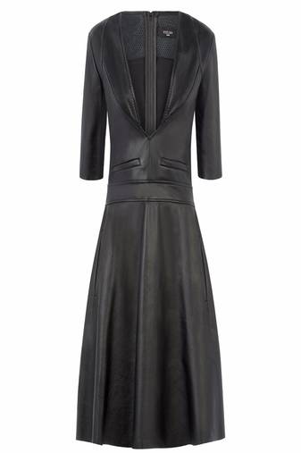 women's black lambskin midi leather dress short sleeve design premium