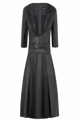 women's black lambskin midi leather dress short sleeve design premium