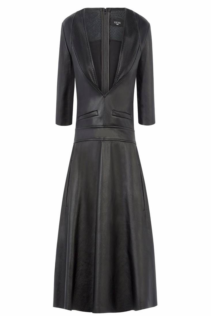 women’s genuine lambskin leather dress black leather midi dress short sleeve dress