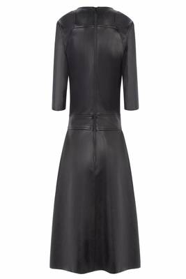 women's black lambskin midi leather dress short sleeve design premium 2