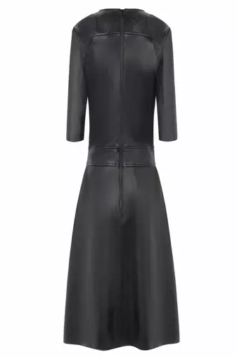 women's black lambskin midi leather dress short sleeve design premium