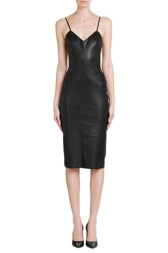 women’s genuine lambskin leather dress black leather midi dress short sleeve dress